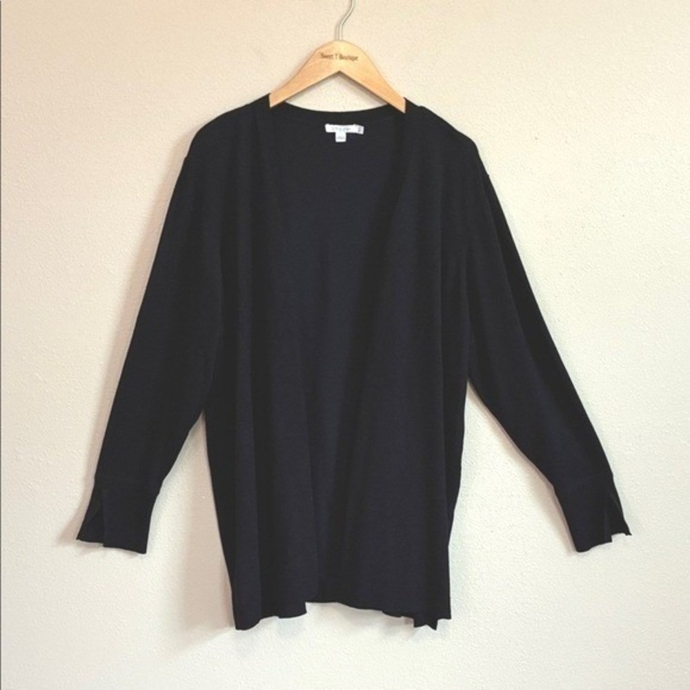 CHICO'S XL Black Longline Open Front Knit Cardigan Jacket Office Career Corpgore
